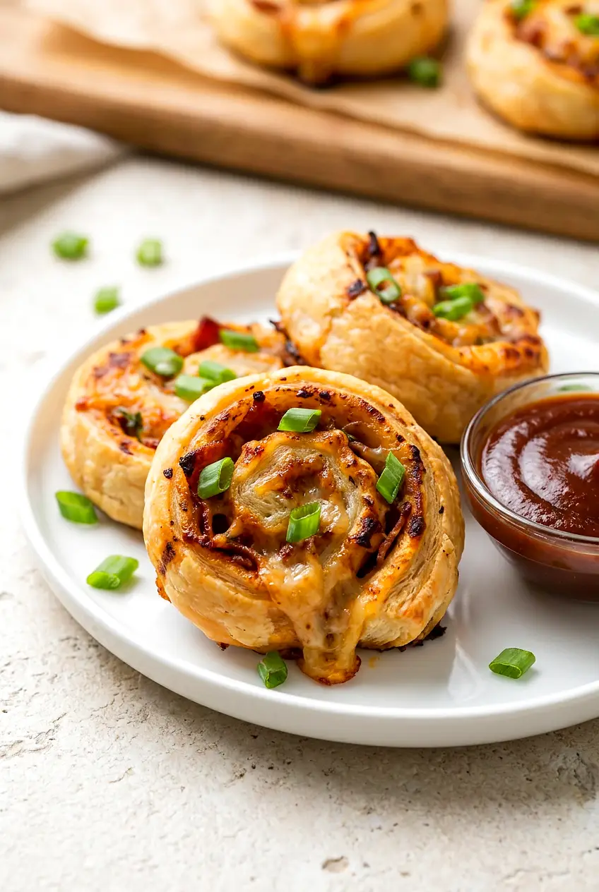 Air fryer BBQ chicken pizza rolls on a white plate, golden brown with chopped green onions on top.