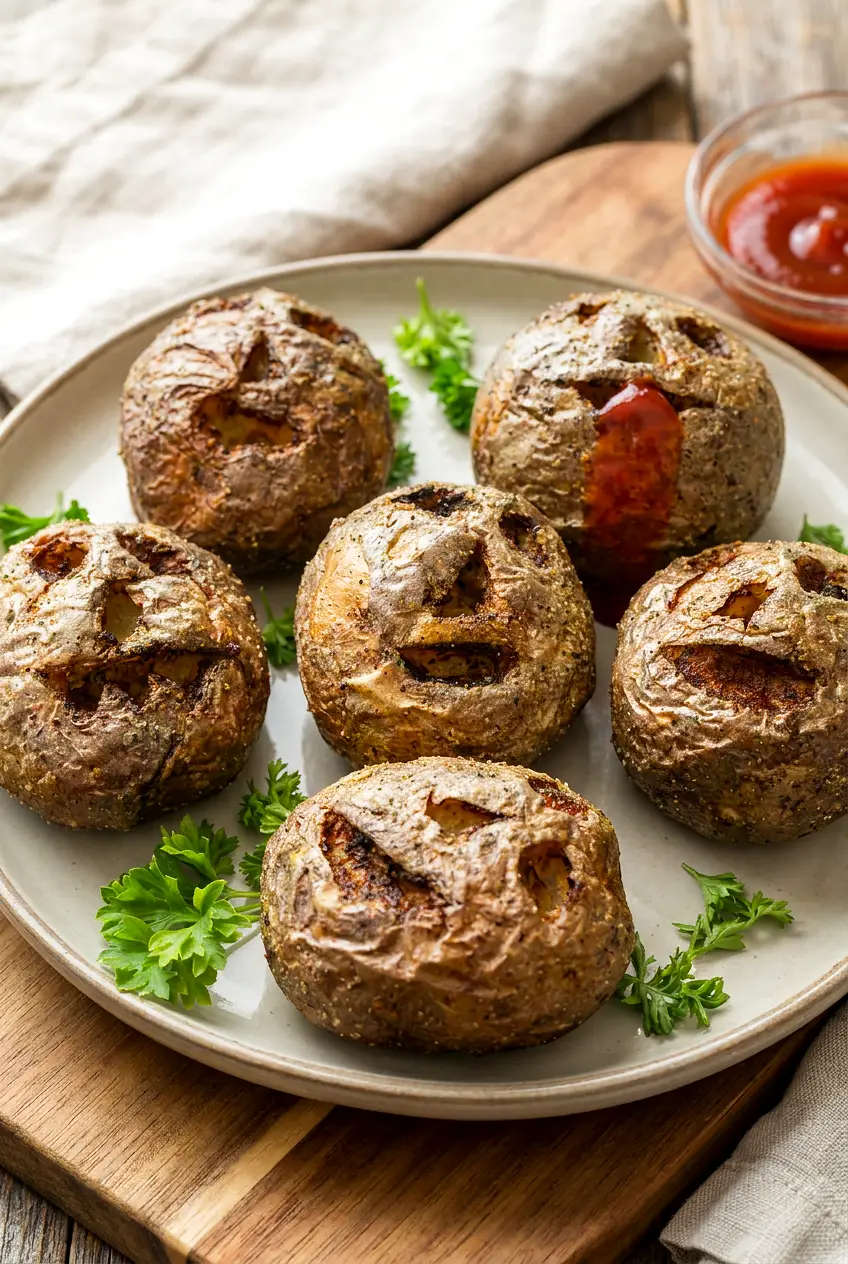Air Fryer Halloween Pumpkin Potatoes on a platter with carved faces and a small bowl of dip
