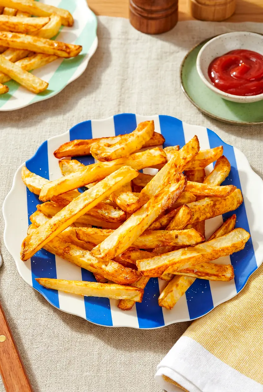 Air fryer ghost fries piled on a striped plate with a cup of ketchup