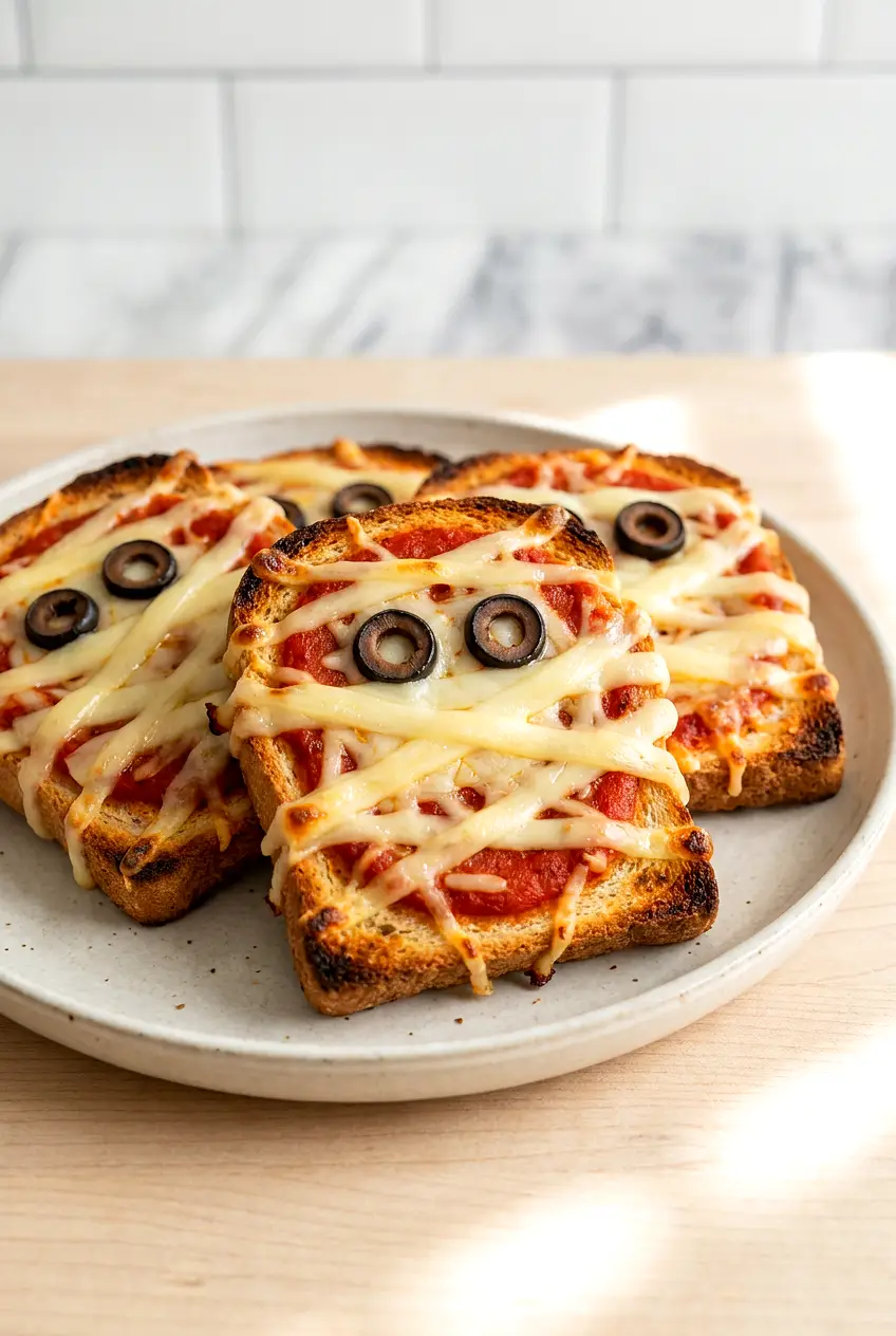 Air Fryer Halloween Pizza Mummies served on a plate with melted cheese bandages and olive eyes