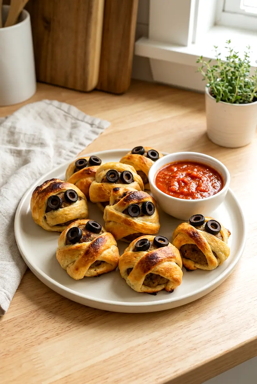 Air Fryer Mummy Meatballs served with marinara and black olive eyes on a Halloween appetizer plate