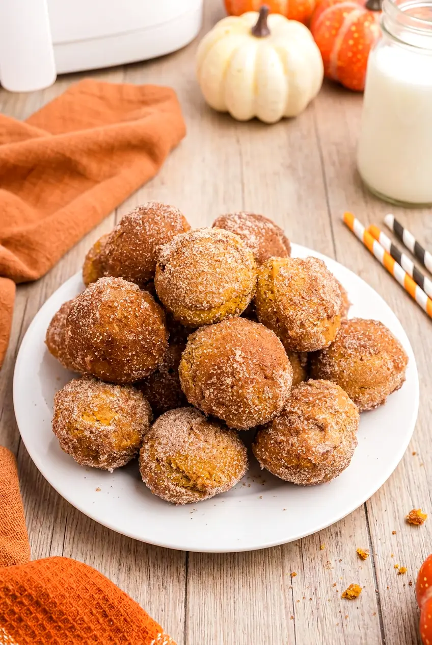Air fryer pumpkin donut holes coated in cinnamon sugar on a white plate