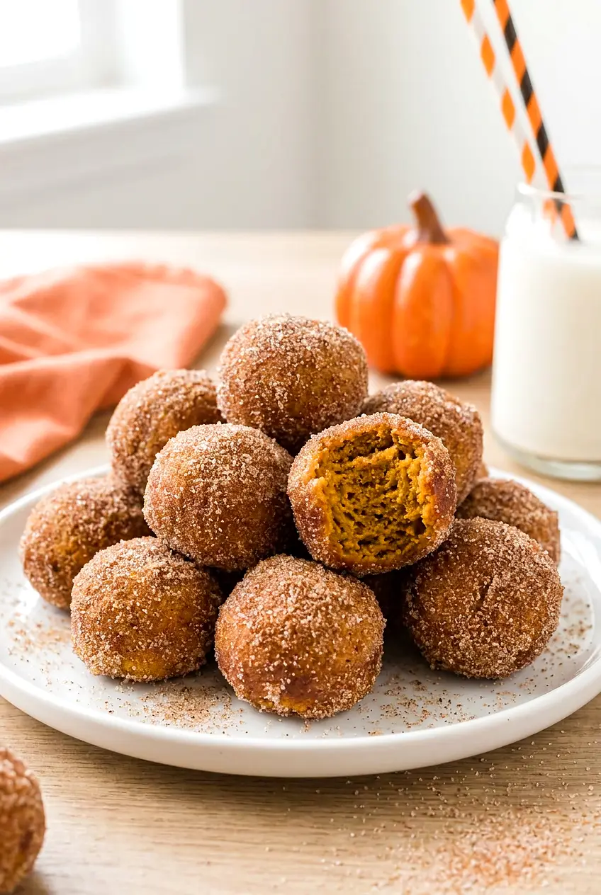 Air fryer pumpkin spice donuts on a white plate, coated in cinnamon sugar on a wooden table