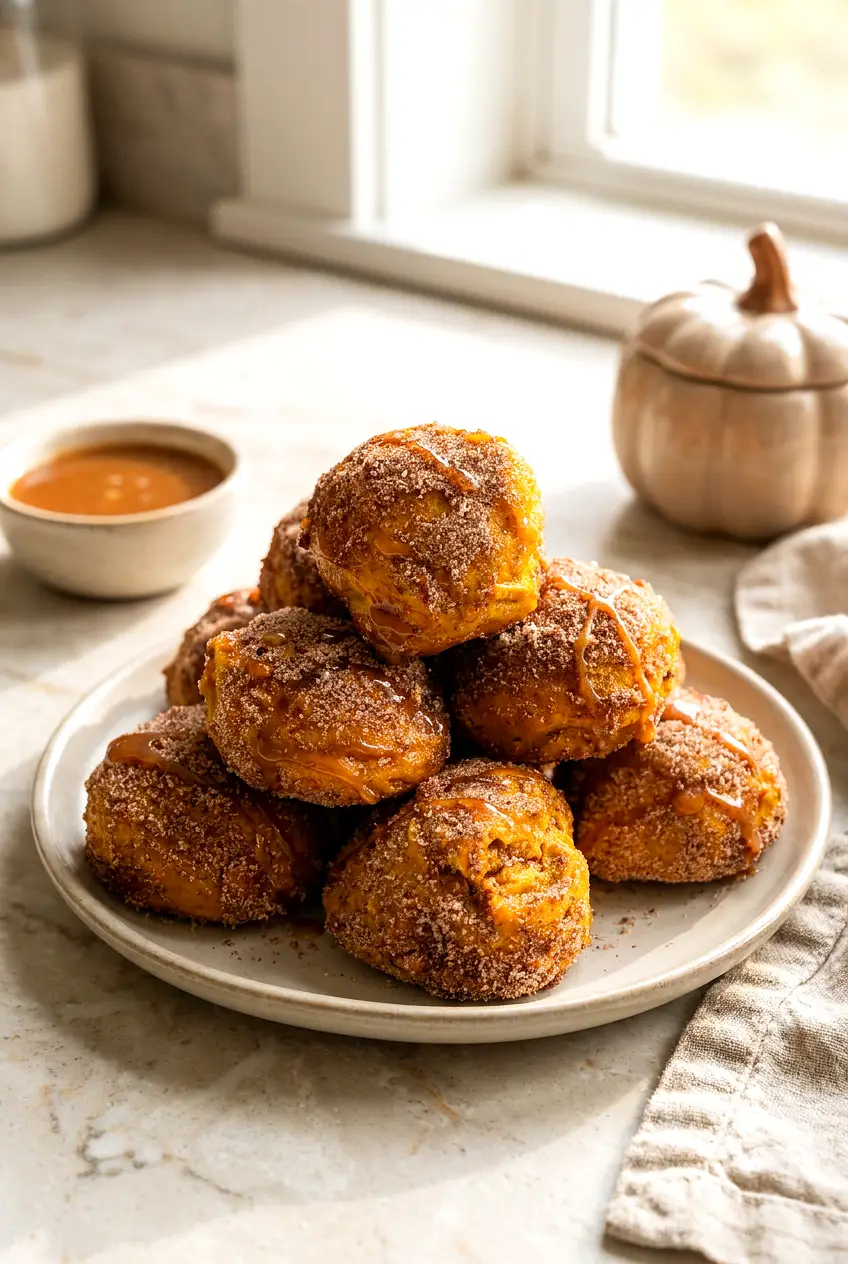 Air fryer pumpkin fritters on a plate with cinnamon sugar coating and a light caramel drizzle