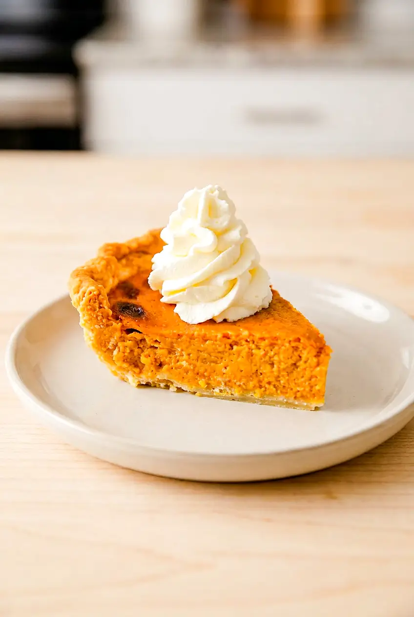 Air fryer pumpkin pie slice topped with a swirled dollop of whipped cream