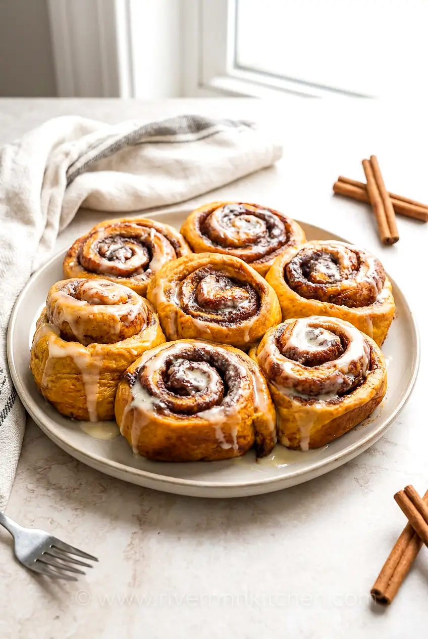 Plated air fryer pumpkin pie cinnamon rolls drizzled with cream cheese glaze