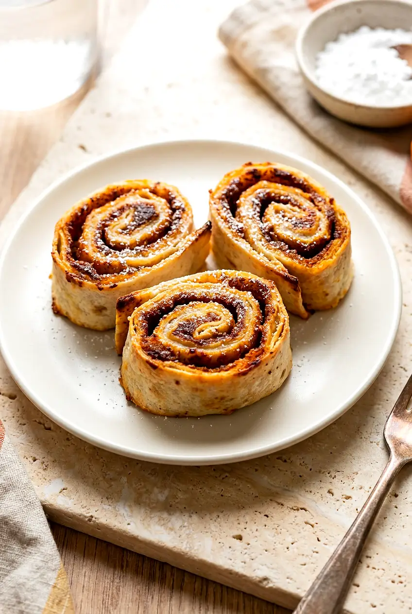 Air fryer pumpkin pinwheels served on a plate with lightly crisped golden edges and a dusting of powdered sugar.