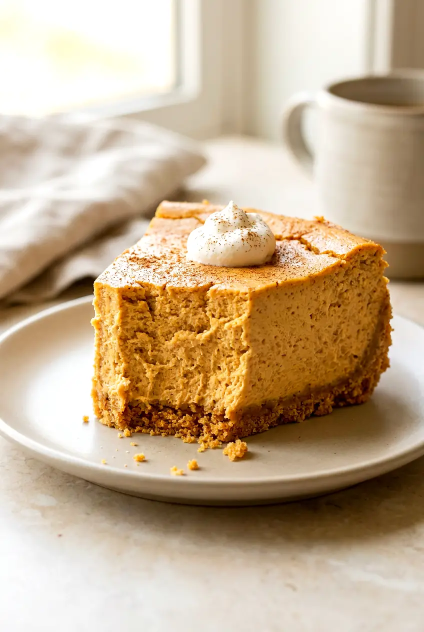 Slice of air fryer pumpkin cheesecake on a plate with a bite missing