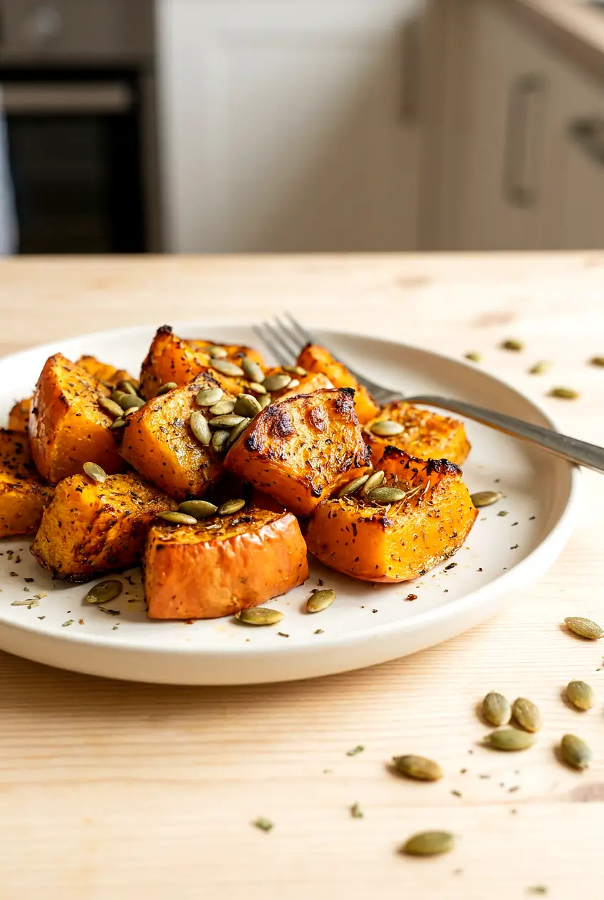 Air fryer caramelized pumpkin served on a plate with toasted pumpkin seeds.