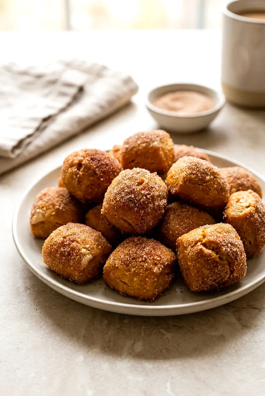 Air fryer pumpkin pretzel bites coated in cinnamon sugar on a serving plate