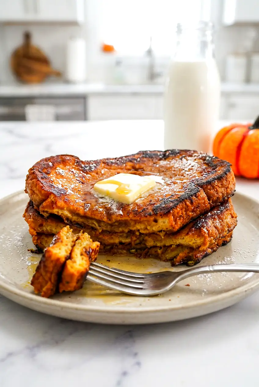Plated air fryer pumpkin French toast topped with powdered sugar and maple syrup