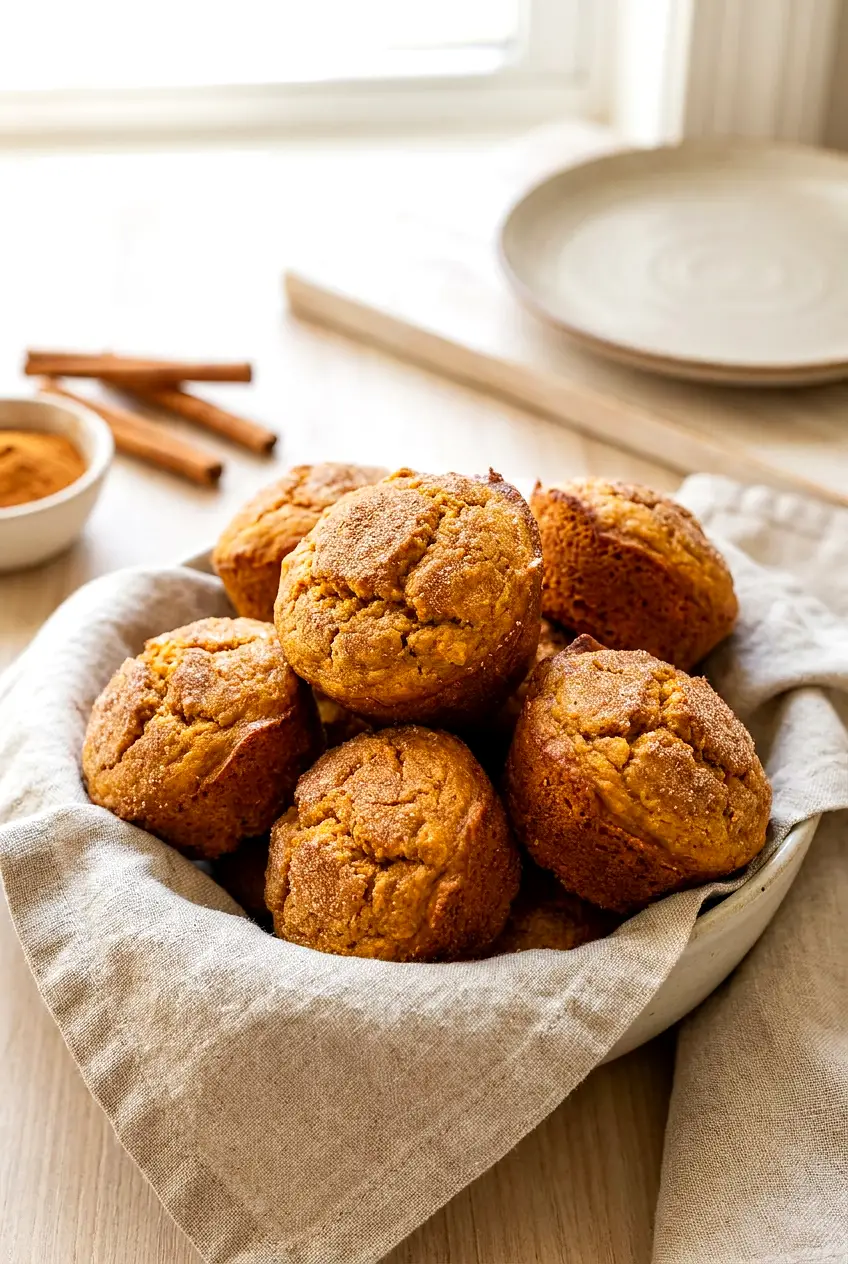 Air fryer pumpkin muffins stacked in a cloth-lined bowl with cinnamon sugar on top