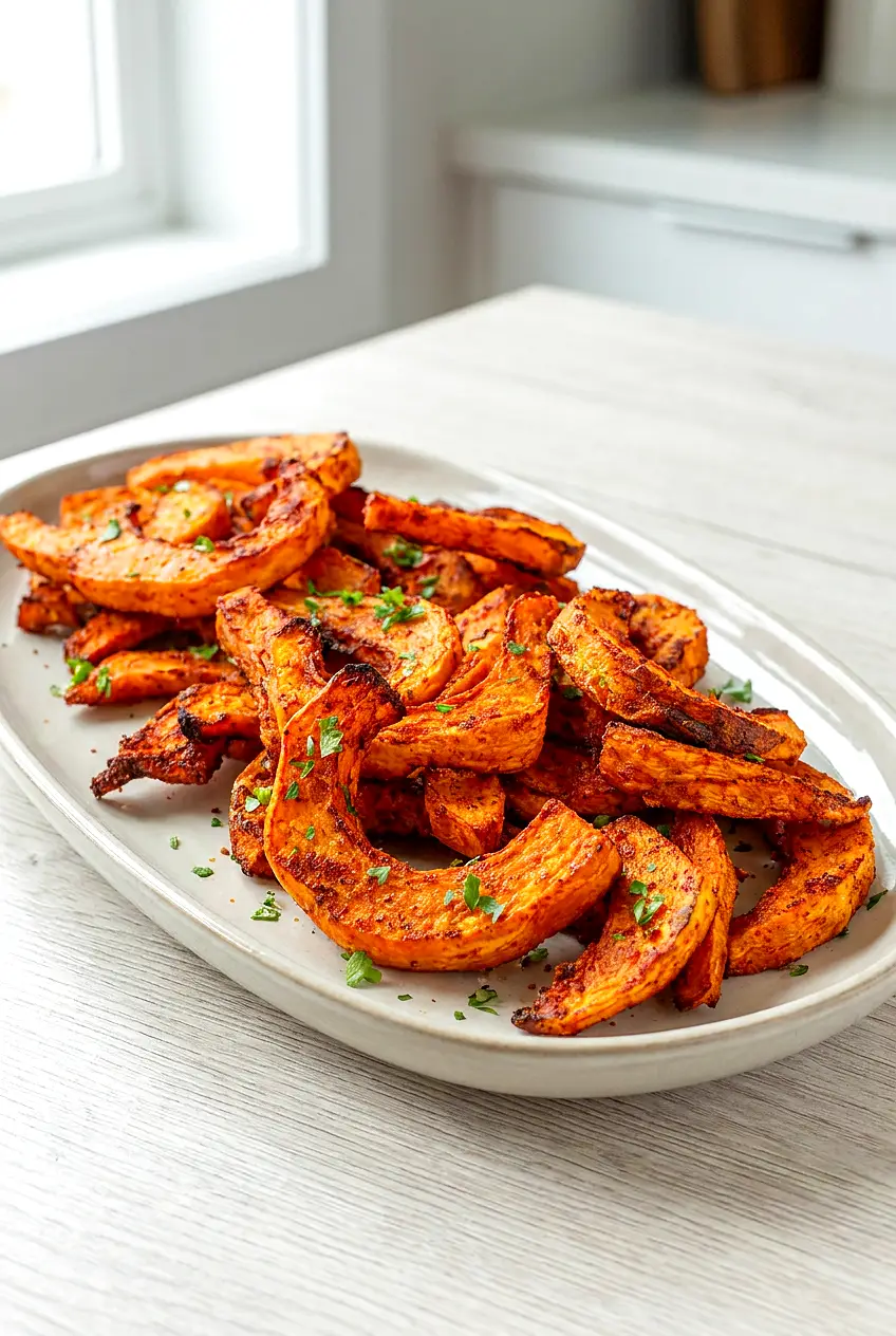 Air fryer pumpkin fries served on a plate with browned edges and a savory seasoning finish