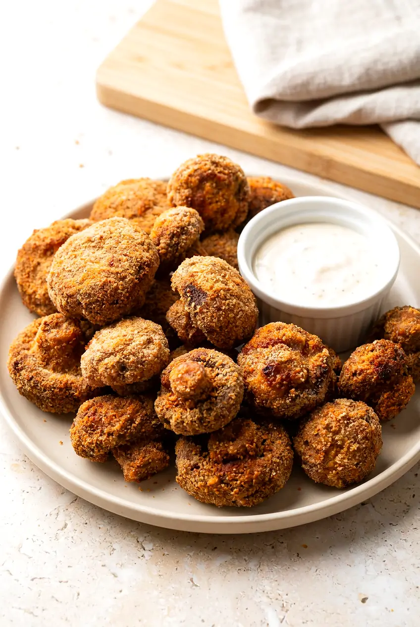 Air fryer fried mushrooms piled on a plate with a ramekin of dipping sauce.