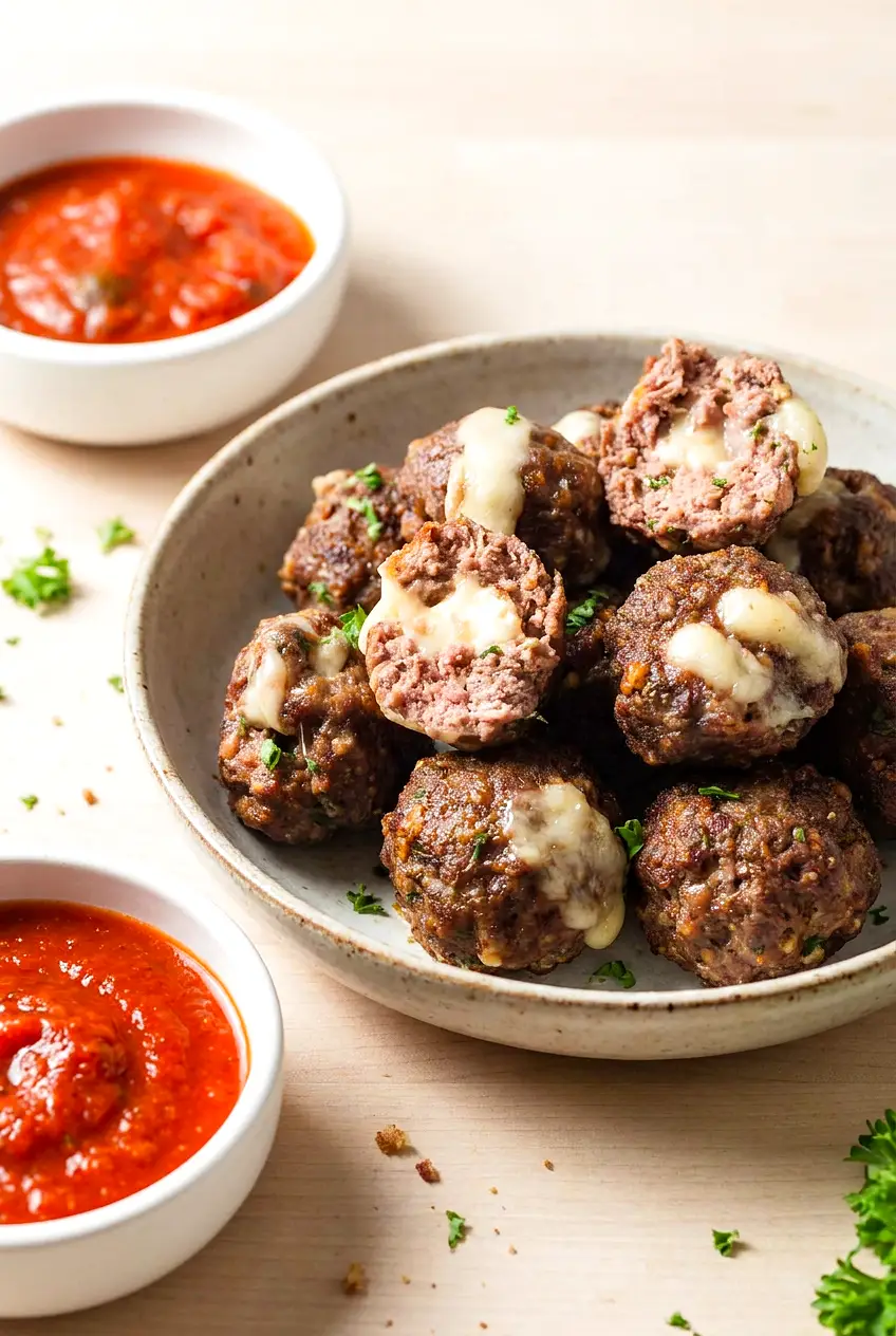 Air fryer cheese stuffed meatballs in a bowl with marinara sauce on the side