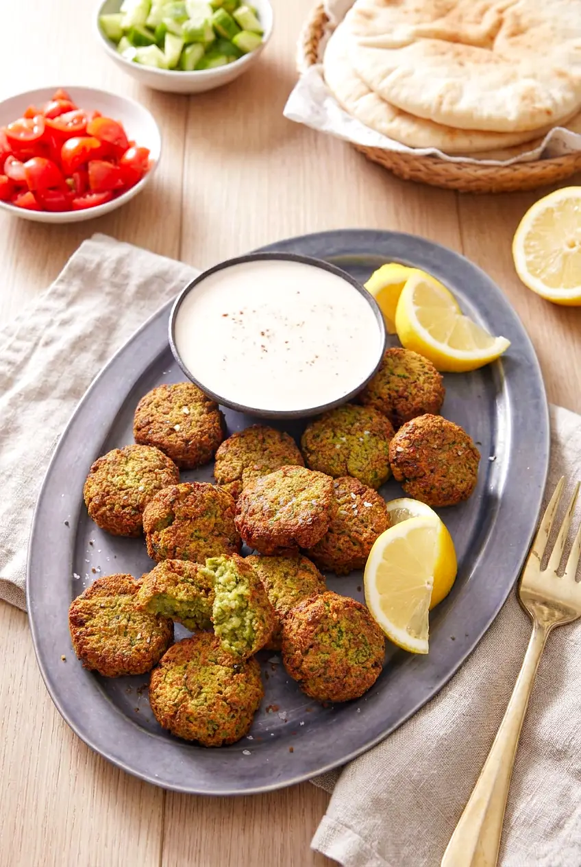 Air fryer falafel on a platter with dipping sauce, pita bread, lemon wedges, tomatoes, and cucumbers