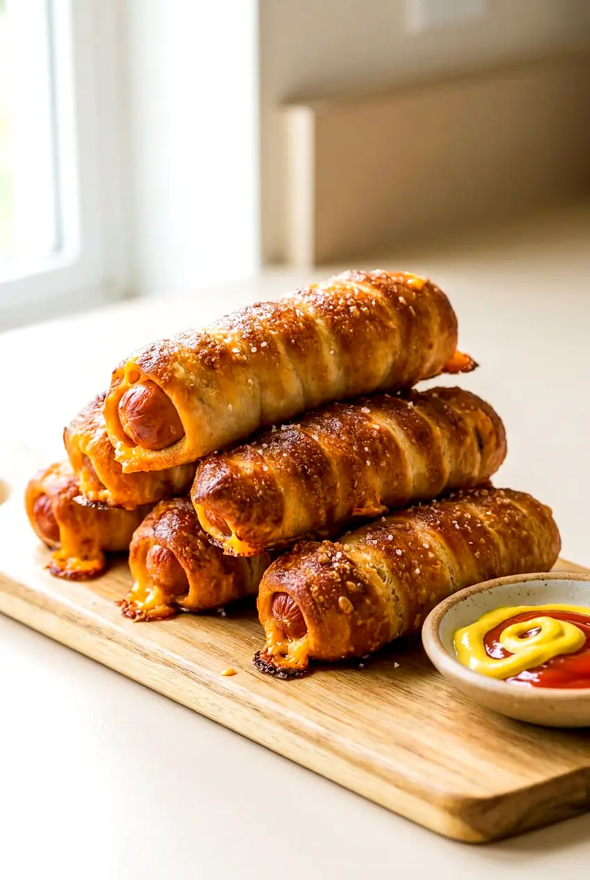 Stacked air fryer pretzel dogs on a wooden board with mustard and ketchup on the side