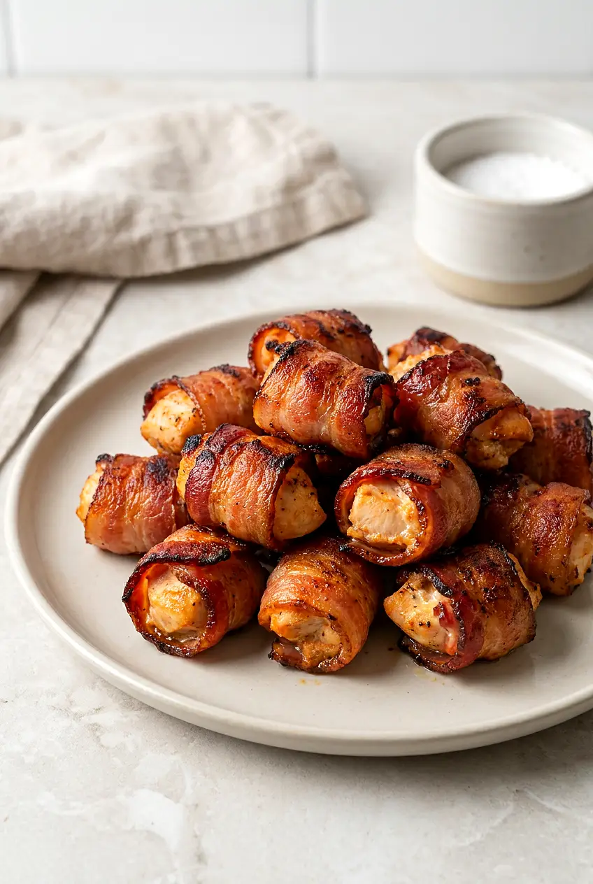 Air fryer bacon wrapped chicken bites on a platter with browned crisp bacon and a light caramelized finish.