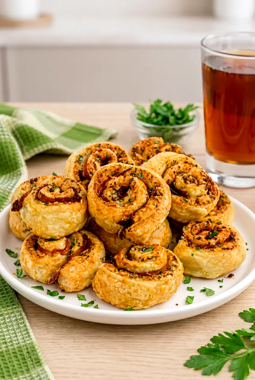 Air fryer pesto pinwheels piled on a white plate and garnished with parsley.