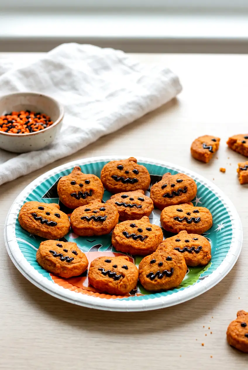 Air fryer Halloween cookies on a plate, decorated with black icing in spooky cutout shapes