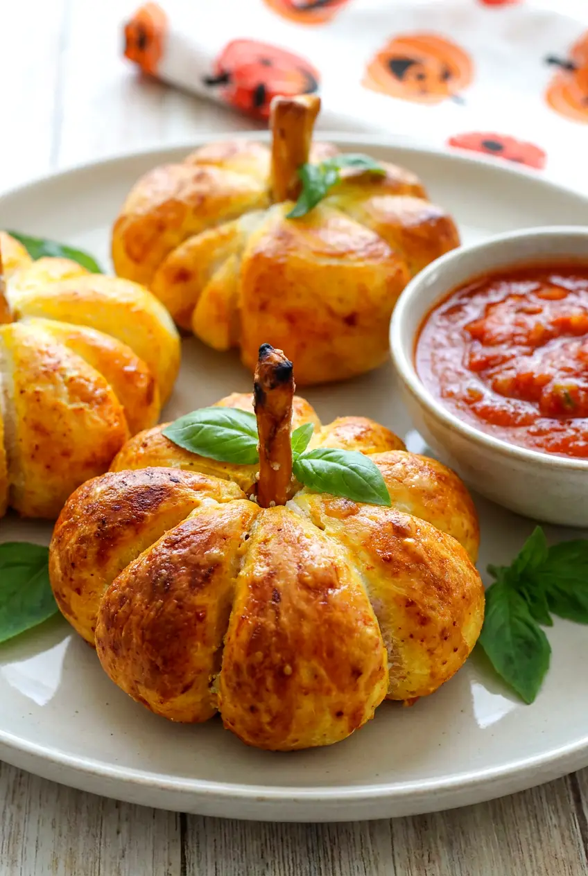 Air Fryer pumpkin pizza bites plated with basil leaves and pretzel stems