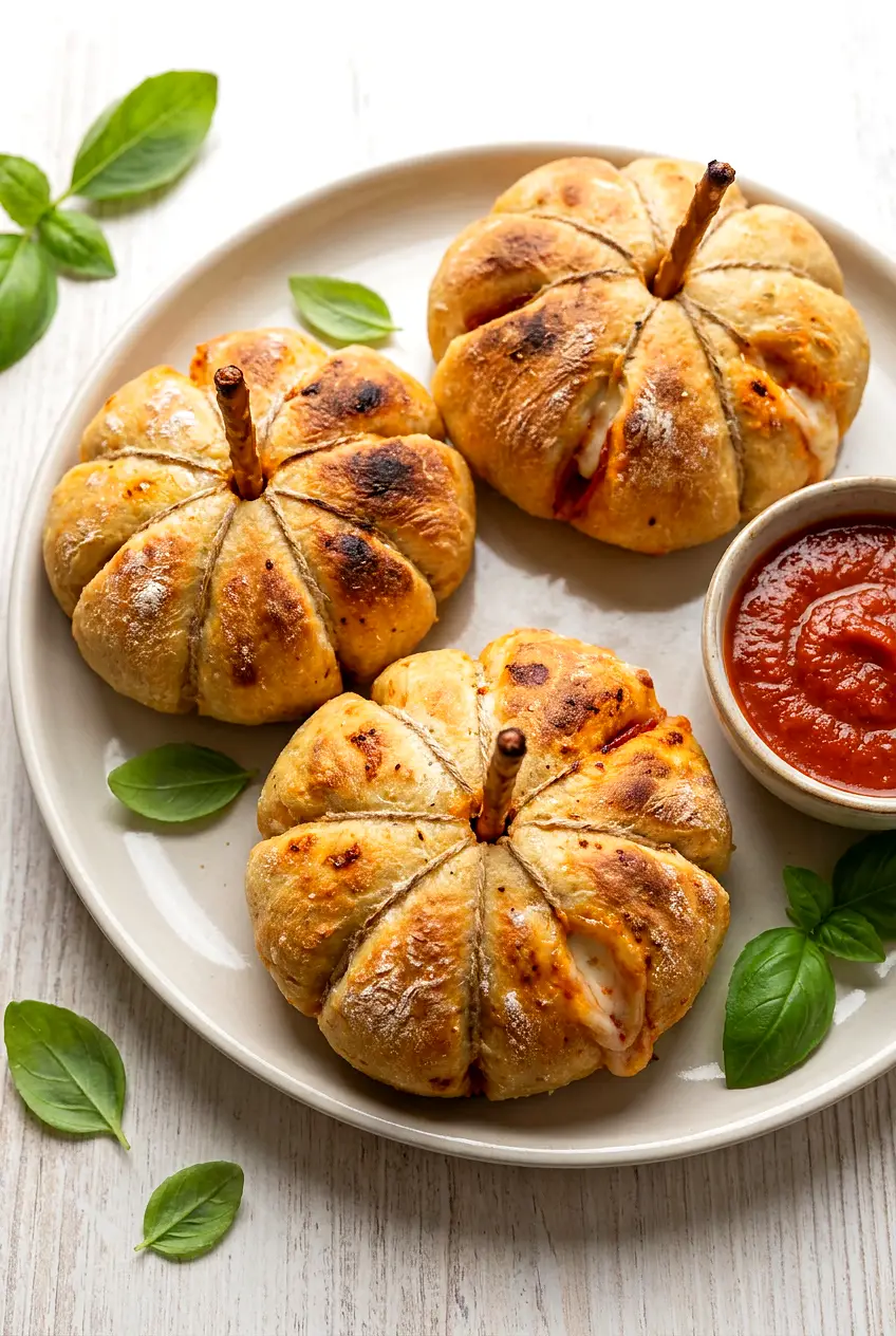 Air Fryer pepperoni pizza pumpkins on a serving plate, golden brown with pretzel stick stems and marinara for dipping