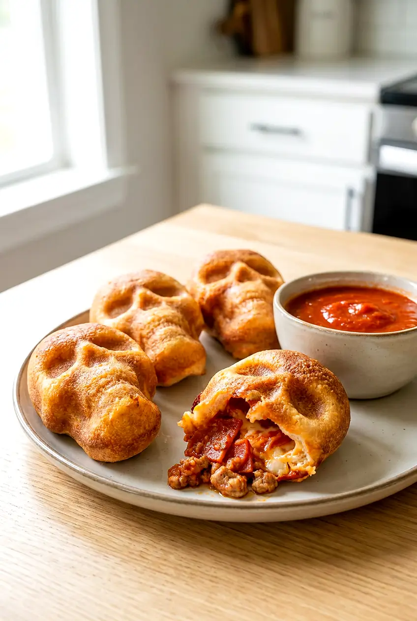 Air Fryer Pizza Skulls served warm on a plate with extra pizza sauce for dipping
