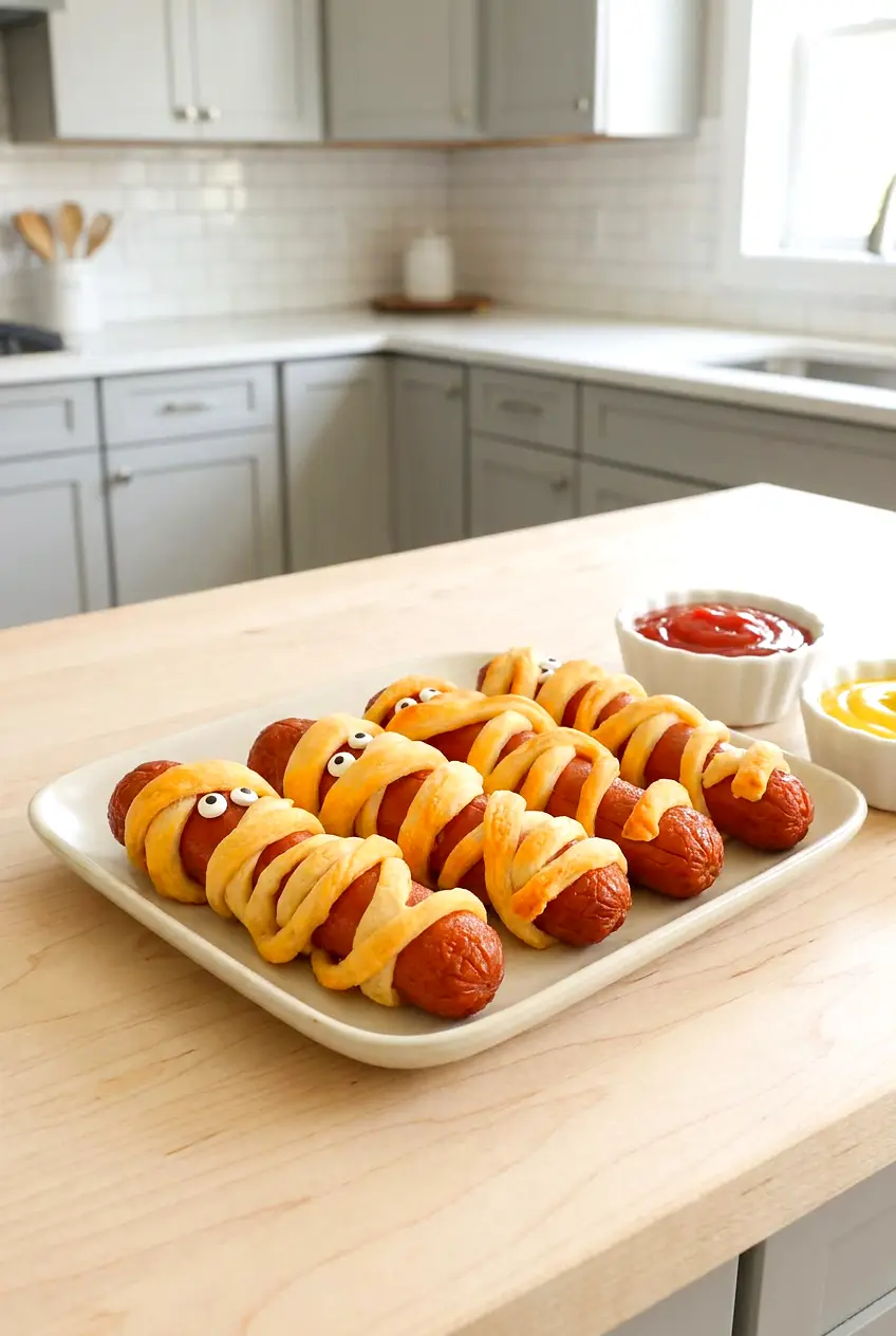 Air Fryer Mummy Dogs on a serving plate with golden crescent dough bandages and candy eyes