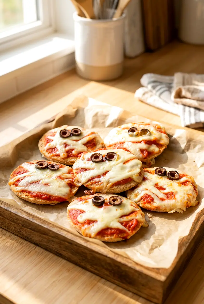 Air fryer mummy English muffin pizzas on a serving plate with melted mozzarella bandages and mini pepperoni