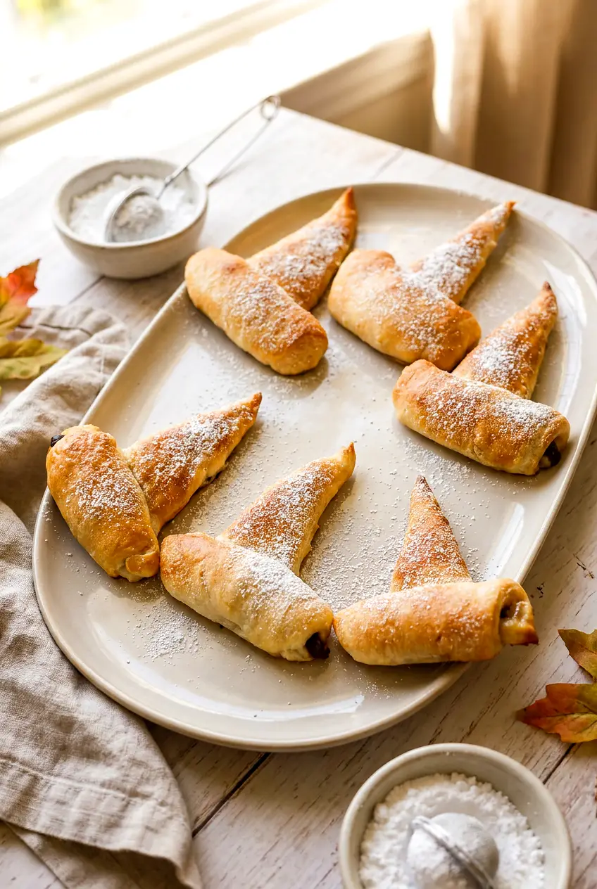 Air fryer crescent roll witch hats dusted with powdered sugar on a serving plate