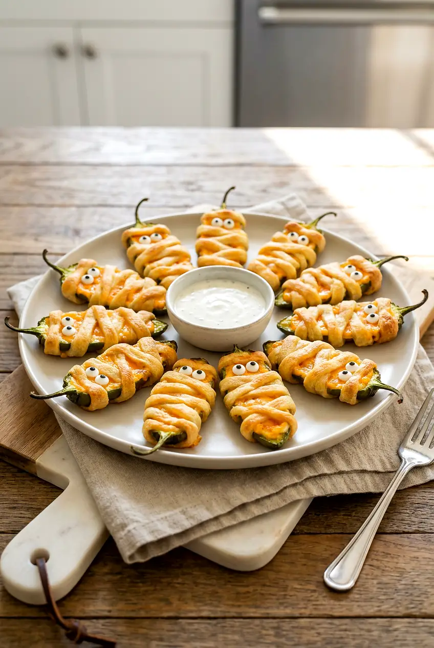 Air fryer jalapeño popper mummies served on a platter with candy eyes and ranch dip