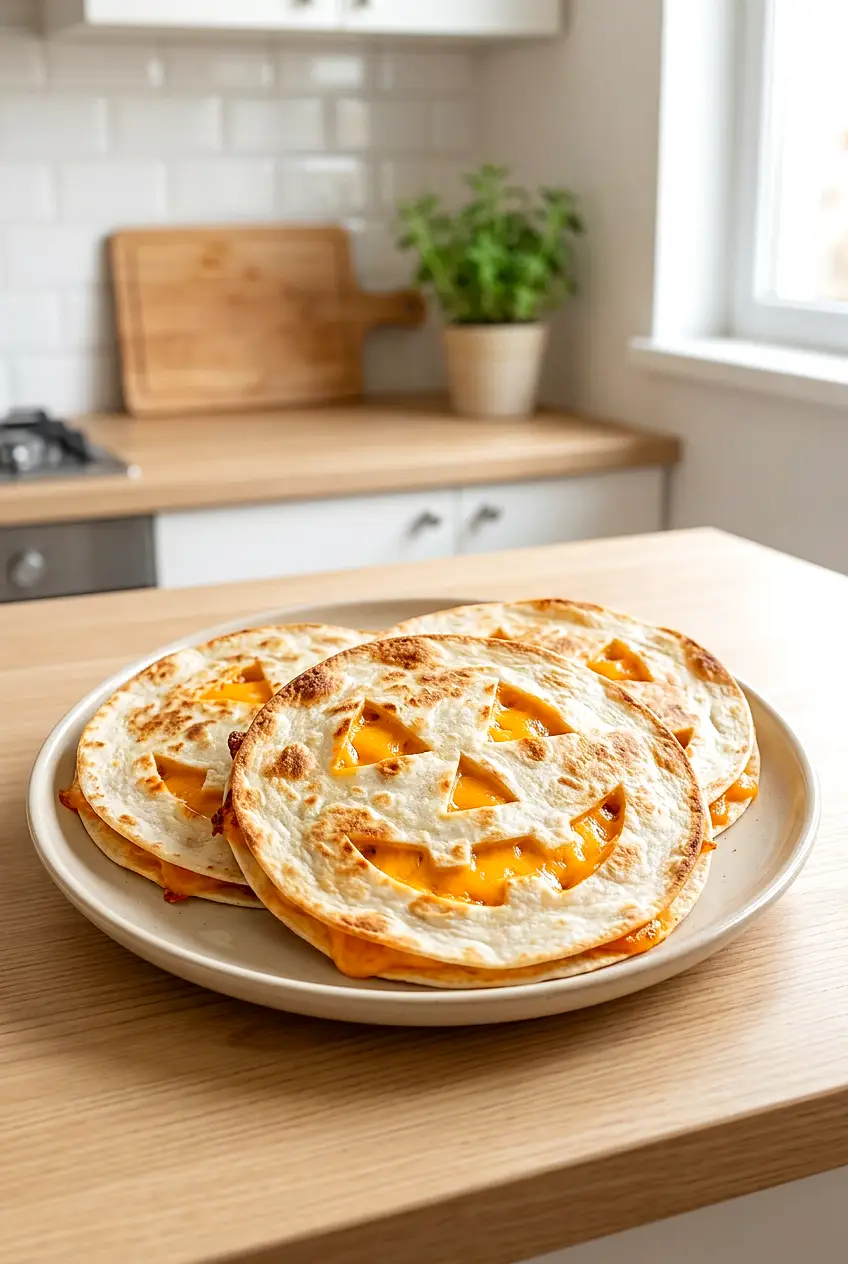 Air fryer jack-o’-lantern quesadillas served on a plate with lightly crisp edges and melted cheese inside