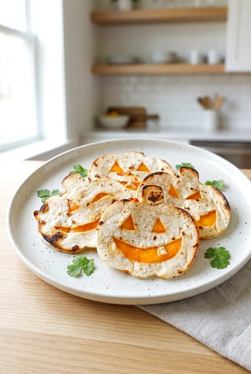 Air fryer ghost quesadillas plated on a neutral dish with melted cheese and cilantro garnish