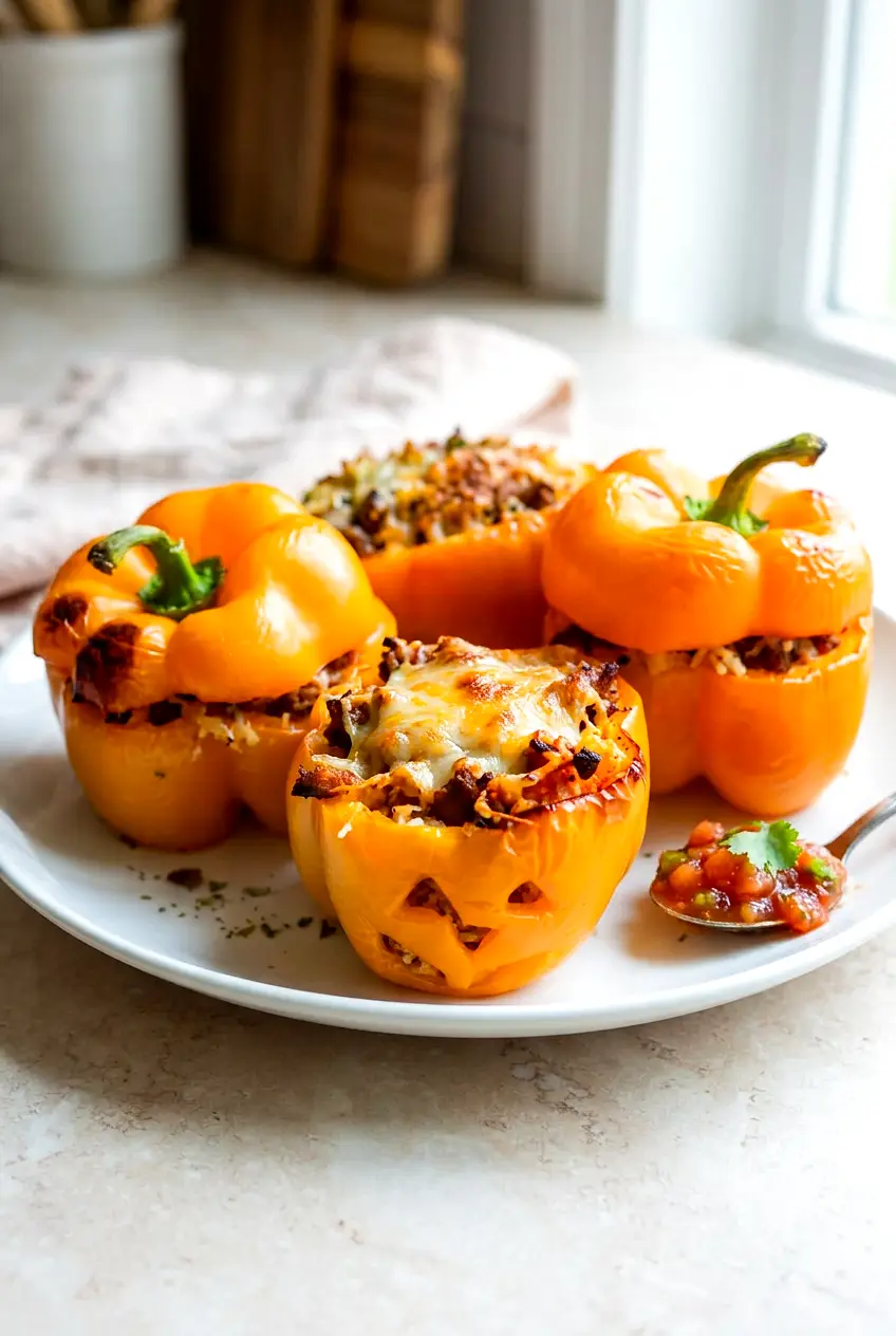 Air Fryer Jack-O’-Lantern Stuffed Peppers served on a plate with melted cheese and salsa