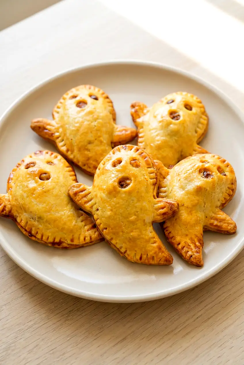 Plated air fryer cheeseburger ghost pies with golden-brown crust and chocolate chip eyes.