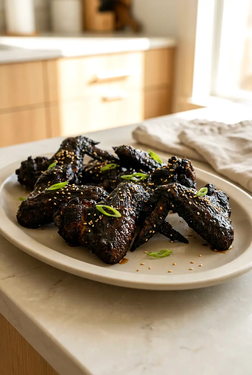 Air Fryer Spooky Bat Wings plated dark and glossy with crisp edges