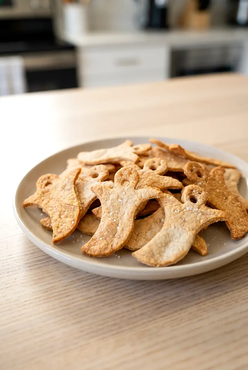 Air Fryer ghost tortilla chips on a plate with crisp golden edges, served for Halloween