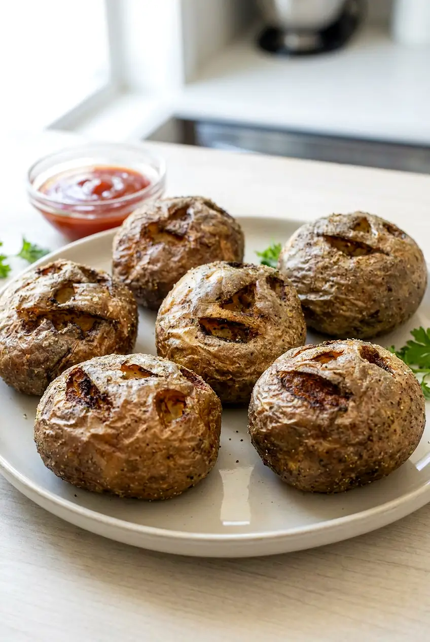 Air fryer potato skulls served on a platter with lightly browned carved faces and hot honey ketchup dip