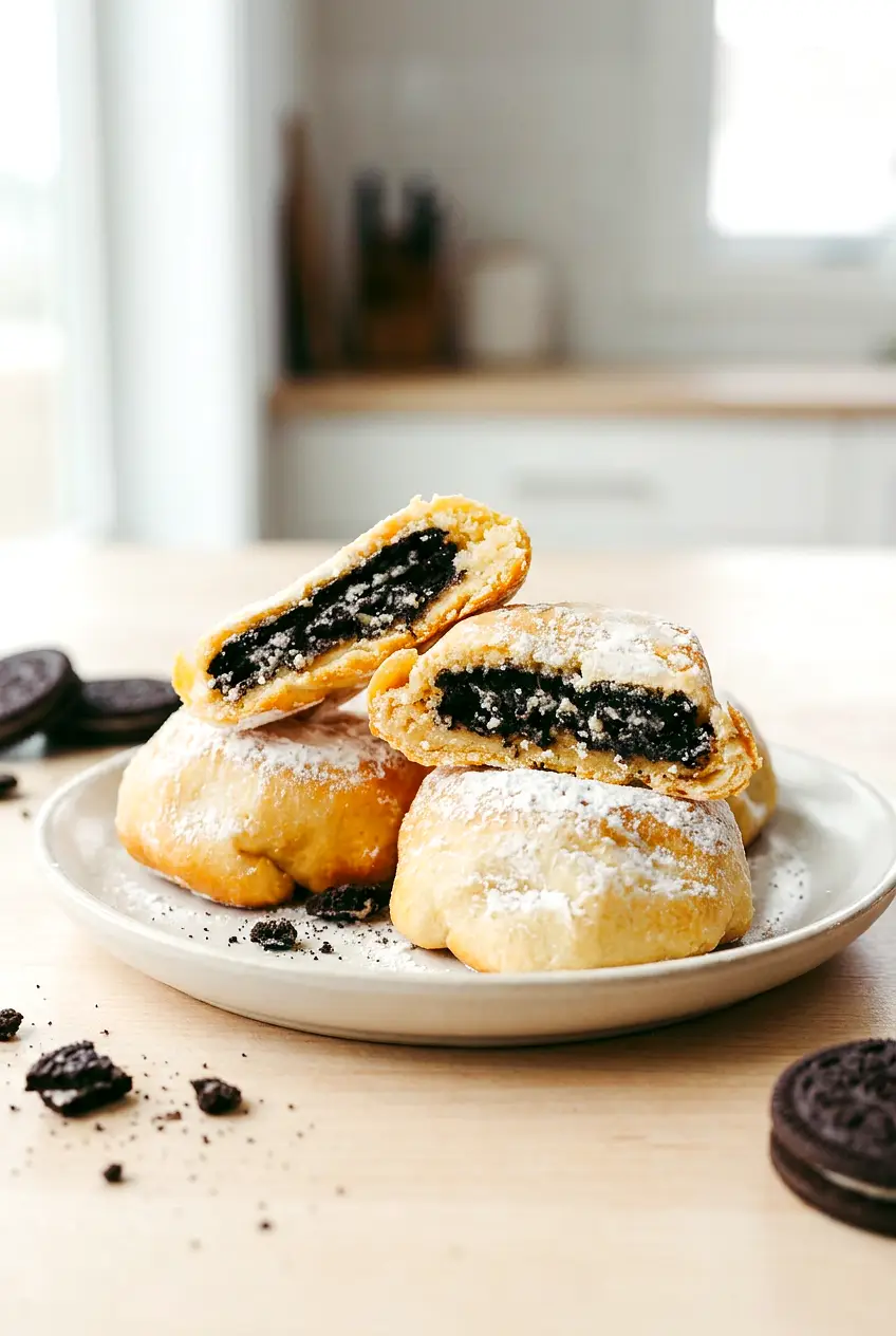 Stack of Air Fryer Oreo Halloween Cookies dusted with powdered sugar, with two halves showing the Oreo filling