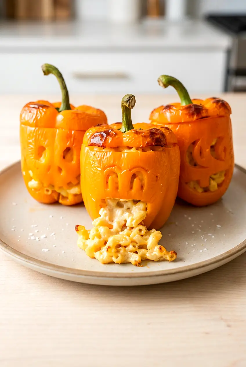 Air fryer mini mac-o-lanterns served on a plate with a golden crunchy panko coating