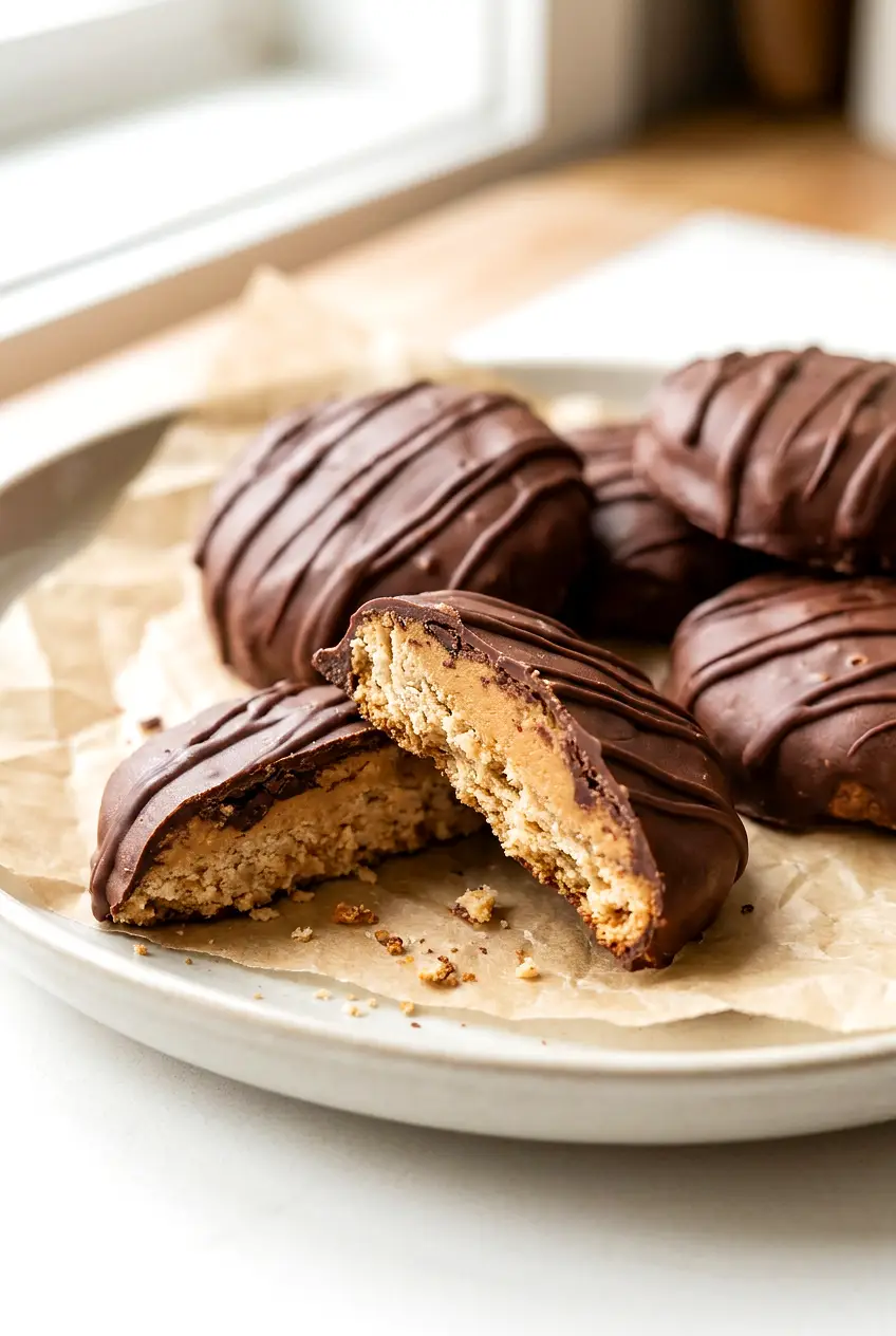 Close-up of Air fryer Tagalongs showing the peanut butter filling and smooth chocolate shell