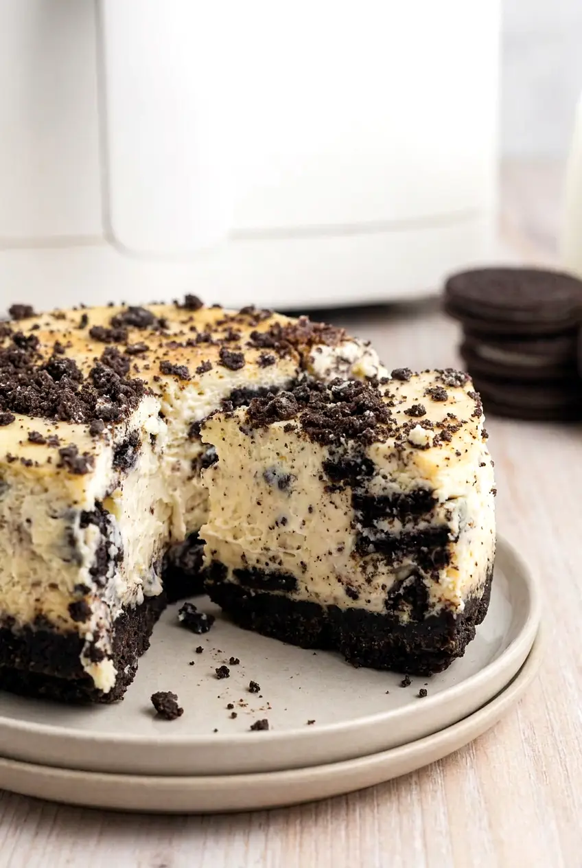 Close-up of Air Fryer Oreo Cheesecake showing the creamy filling and Oreo cookie pieces