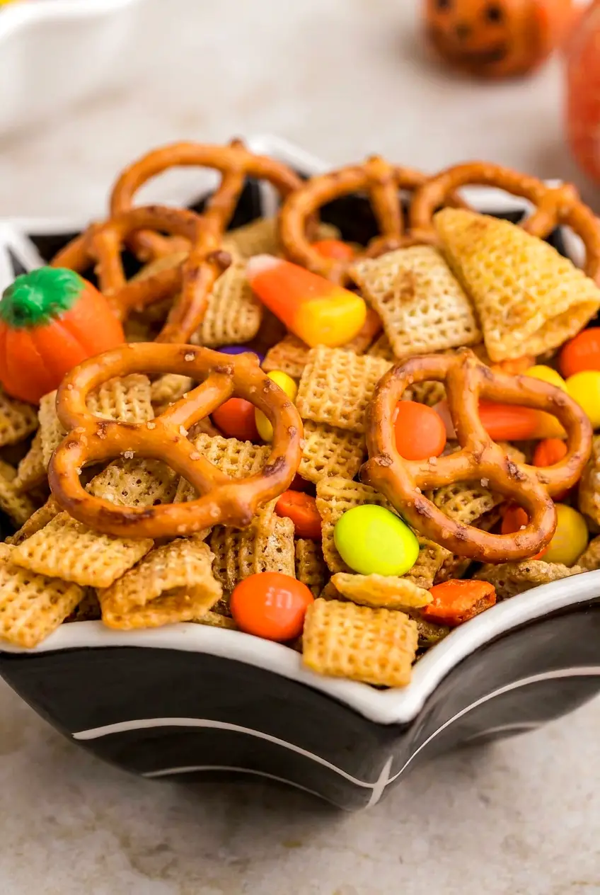 Close-up of Air Fryer Halloween Chex Mix showing crisp Chex, pretzels, and colorful Halloween candy in a black bowl