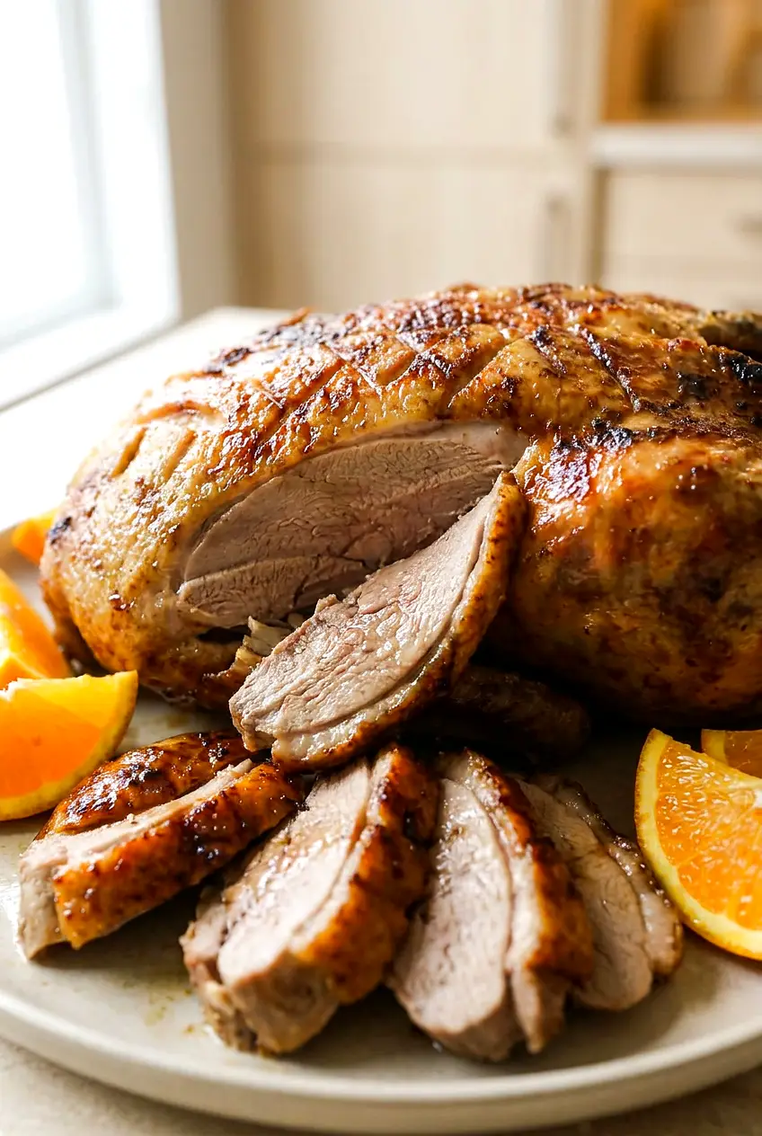 Close-up of air fryer duck showing crisp skin, glossy glaze, and juicy carved meat