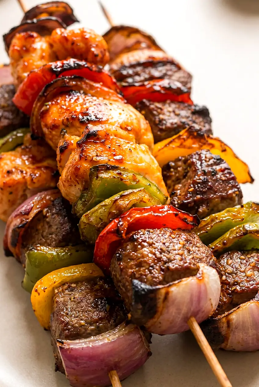 Close-up of air fryer kabobs with browned chicken, steak, peppers, and onion glazed lightly with BBQ sauce.