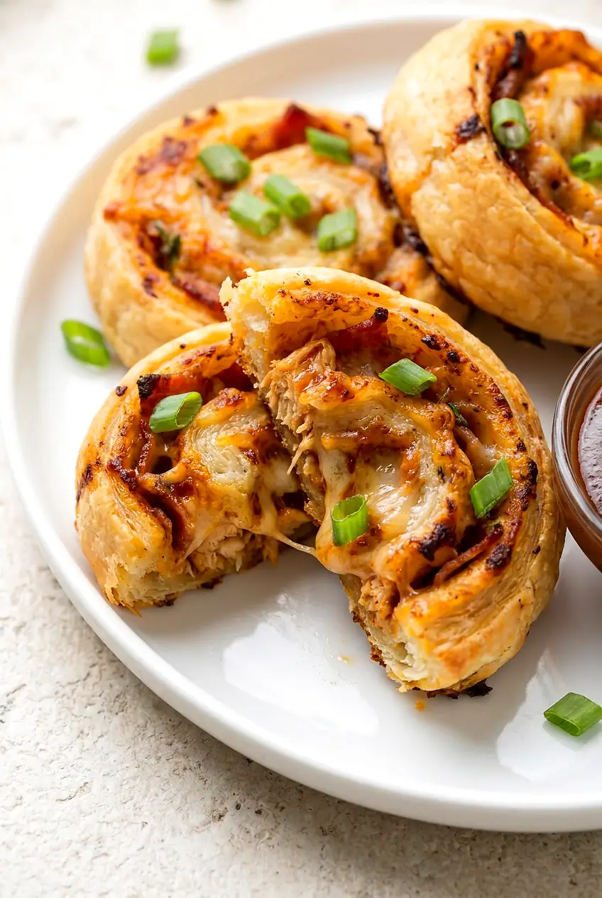 Close-up of air fryer BBQ chicken pizza rolls cut open, showing melted mozzarella, BBQ chicken, and bacon filling.