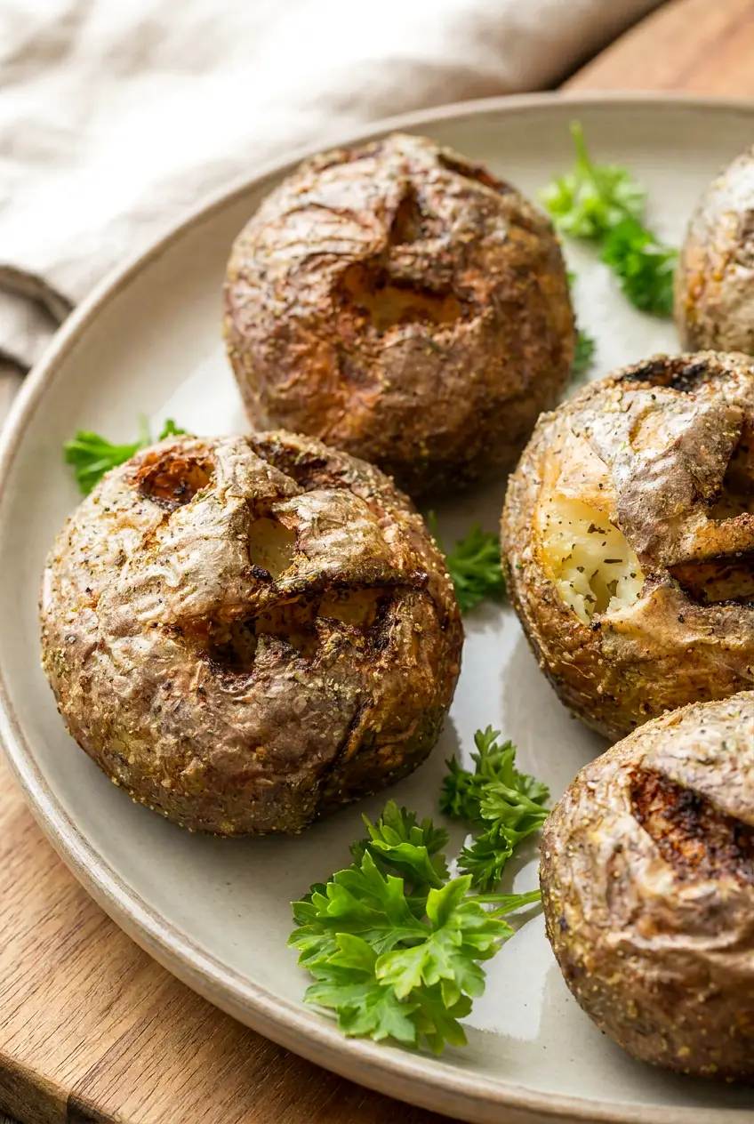 Close-up of Air Fryer Halloween Pumpkin Potatoes showing carved pumpkin faces and crisp browned skin