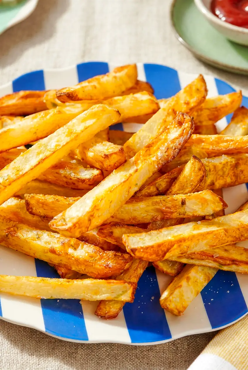 Close-up of air fryer ghost fries showing crisp, blistered edges and a light golden coating