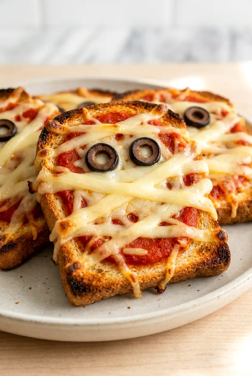 Close-up of Air Fryer Halloween Pizza Mummies showing melted cheese bandages and olive eyes