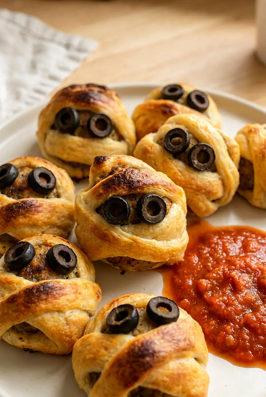 Close-up of Air Fryer Mummy Meatballs showing crisp crescent dough bandages, black olive eyes, and marinara